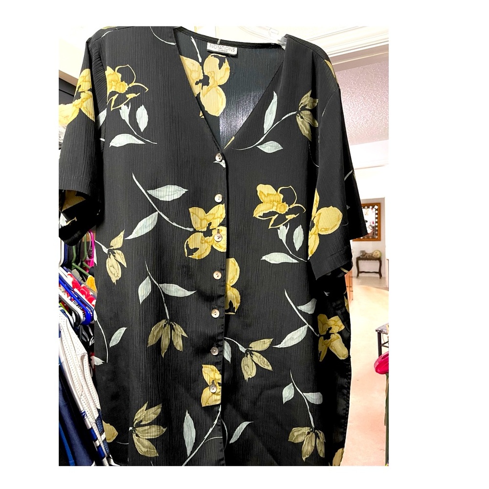 Black with flowers, button down